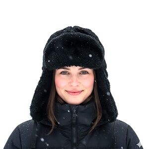 Y2K Canadian made black faux fur warm Yukon trapper winter ear flap hat 7 1/8